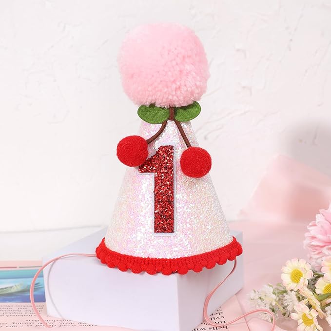 Cherry 1st Birthday Hat - Sweet One Party Decorations, Pink Glitter First Crown for Girls, Fruit Themed Cake Smash, Pink Felt Party Crown