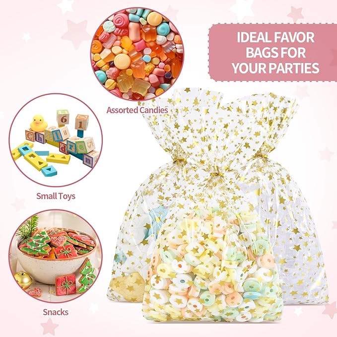 50 Pcs Clear Cellophane Treat Bags,10'' x 13'' Clear Plastic Gift Bags with Twist Ties for Cookies, Candy, Bakery, Birthday, Wedding, Valentine's Day, Baby Shower & Holiday Party Favors