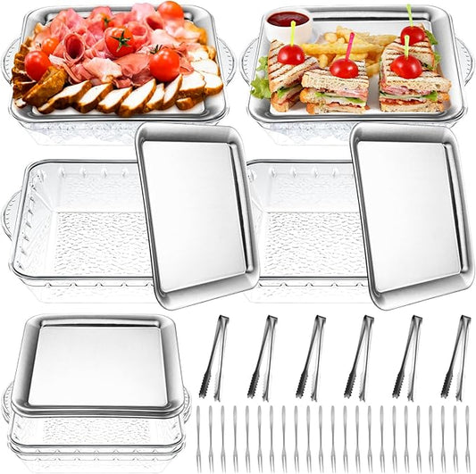 Baderke 6 Set 9" Chilled Serving Tray for Parties with Compartments Ice Chilled Party Platter Charcuterie Serving Board Cold Dish Dip with Forks Tongs for Fruit Seafood Vegetable Appetizer(Silver)