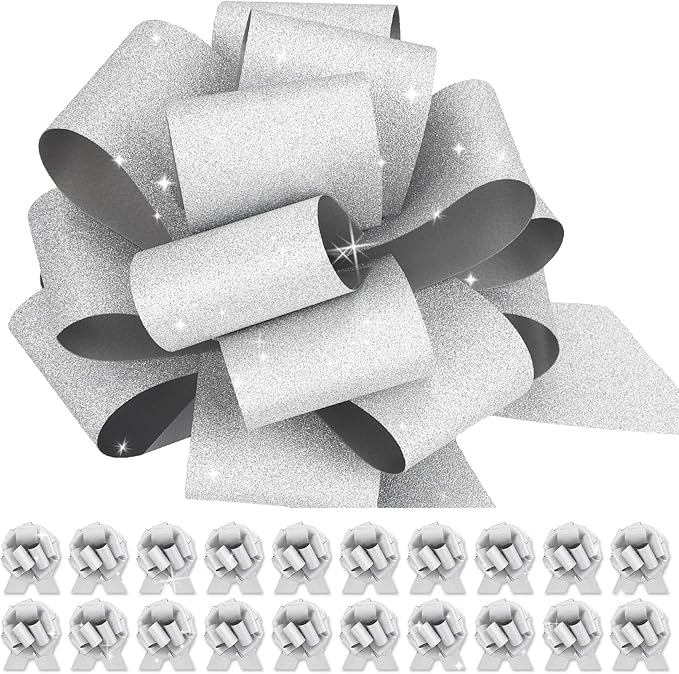 20 pcs Silver Pull Bow for Gift Basket Wrapping Xmas Gift Bows Presents Adhesive Wrap Ribbon Bow for Christmas Tree Ornament Wine Bottles Bouquet Flower Valentine's Day Party Decor (Silver-L)