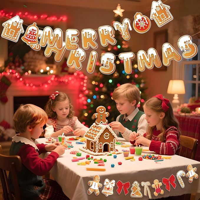 Merry Christmas Banner Gingerbread Christmas Hanging Decoration 3PCS Gingerbread Theme Garland Banner for Holiday Home Office Fireplace Wall Decor Outdoor Indoor Xmas Party Banner