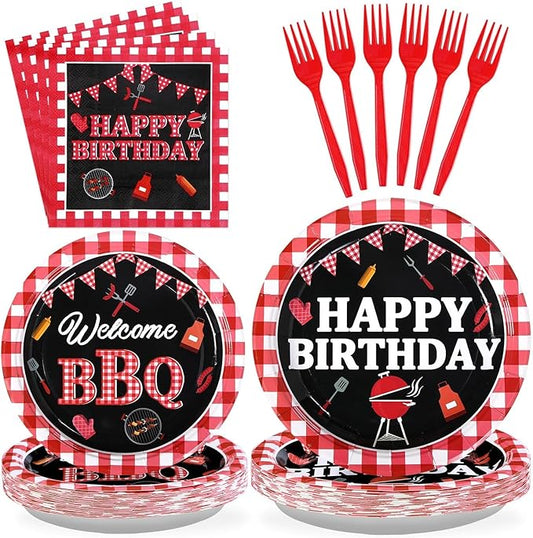 Grencian 96 Pcs BBQ Party Decorations for Birthday Picnic Red and Black Gingham BBQ Baby Shower Plates Supplies Summer Picnic Baby Q Birthday Party Decorations for Summer Barbecue Kids Adults