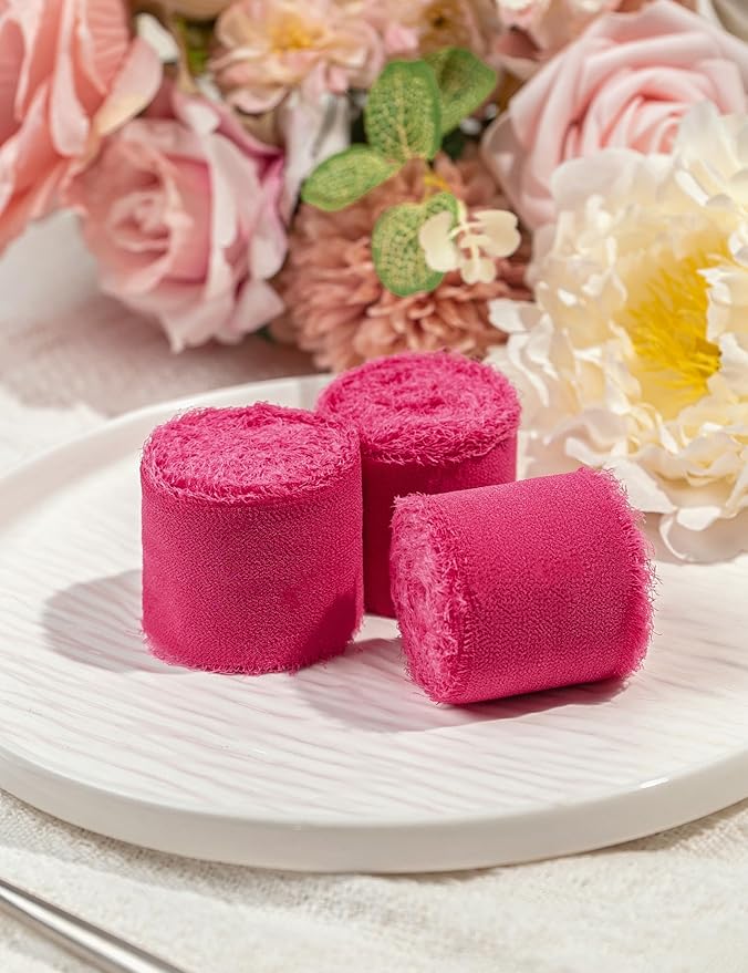 Chiffon Ribbon, Hot Pink Silk Ribbons, Pink Party Decoration, 1.5''x21Yd Handmade Frayed Fringe Ribbon for Wrapping, Floral Vase, Craft, Birthday, Engagement, Wedding, Mother's Day, 3 Rolls