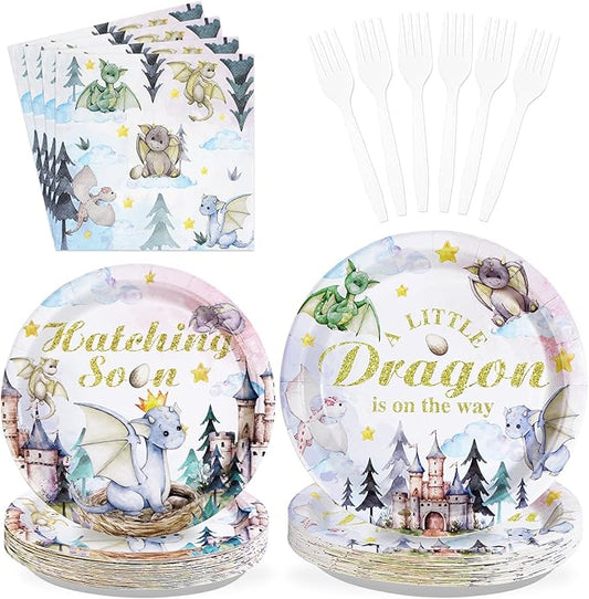 Grencian 96Pcs Dragon Baby Shower Decorations Watercolor Dragons Plates and Napkins Disposable A Little Dragon On The Way Paper Tableware for Boys Girls Baby Shower Party Supplies, Serves 24