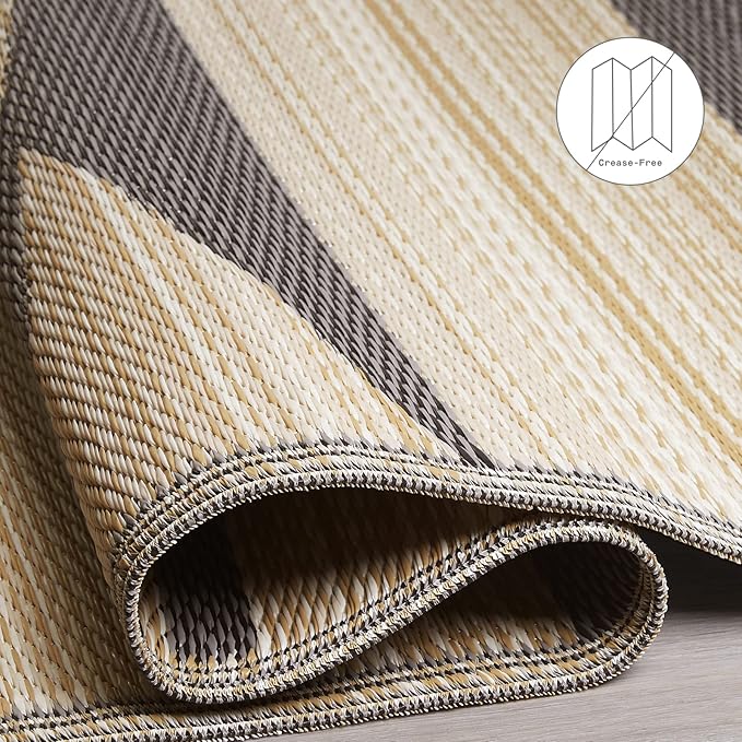 Fab Habitat Outdoor Rug - Waterproof, Fade Resistant, Crease-Free - Premium Recycled Plastic - Neutral Geometric Tribal - Patio, Porch, Deck, Balcony - Cairo - Natural & Black - 5 x 8 ft