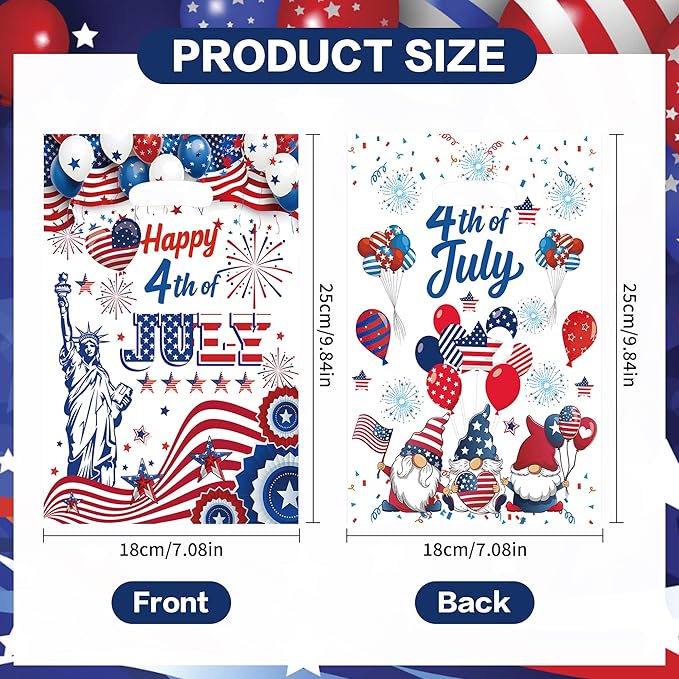 MOIZYNG 50Pcs Happy 4th of July Gift Bags with Handles, Patriotic Red White Blue Plastic Candy Treat Goodie Bags for Fourth of July Independence Day Party Favors Supplies