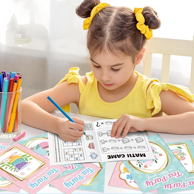 Tea Party Activity Books for Kids - 24Pcs Tea Time Themed Mini Game Coloring Booklet Bulk Maze Word Scramble Word Search Coloring Books for Birthday DIY Party Favor Goodies Bag Filler Classroom Reward