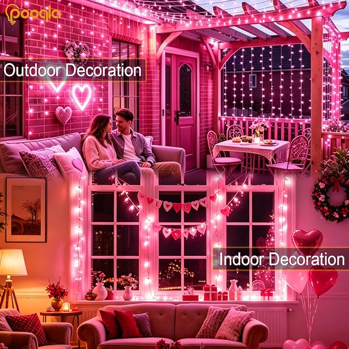 66 ft 200 LED Pink String Lights, Pink Lights Valentine's Day Decorations, Indoor Outdoor Connectable 8 Modes Clear Wire Twinkle Fairy String Lights Plug in for Valentine's Day Wedding Bedroom Party