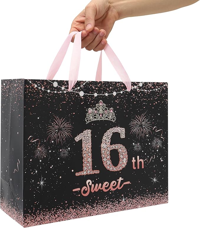 wishinside 13'' Large 16th Birthday Gift Bag Set with Handles, Greeting Card, Pink Tissue Papers and Stickers for 16 Year Old, Her, Girls, Daughter, Best Friend, Tiara Design, 1 Pcs