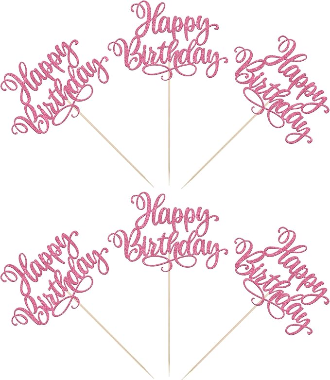12 PCS Happy Birthday Centerpiece Sticks Double Sided Glitter Birthday Party Table Flower Centerpieces Anniversary Floral Decorations for Celebrating Birthday Party Centerpieces Supplies Pink