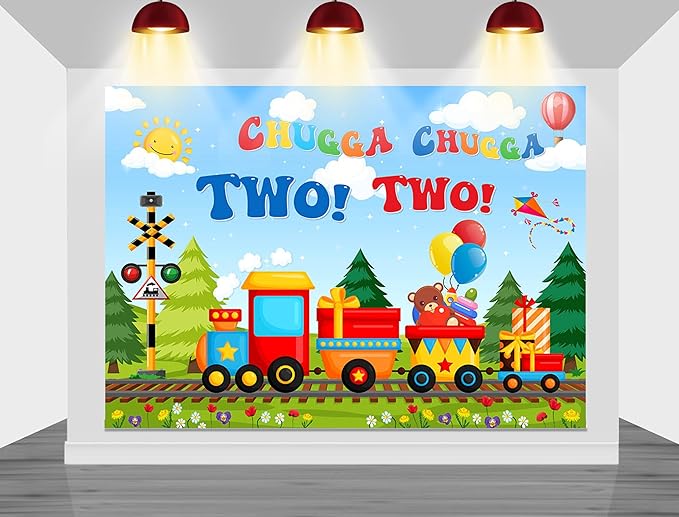 Mocscika Chugga Chugga Two Two Backdrop Red Train Theme 2nd Birthday Party Decorations Happy Second Birthday Cake Table Banner for Photography (Colorful, 6x4ft(72''x48''))