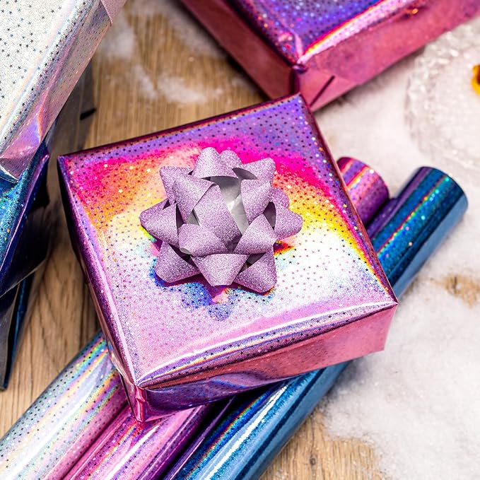 Burymento Mini Wrapping Paper Roll, Metallic Holographic Star Gift Wrap for Birthday, Valentines, Mothers day, Graduation, Wedding, Fathers day, Baby Shower, Christmas (17 Inch x 120 Inch - 3 Rolls)