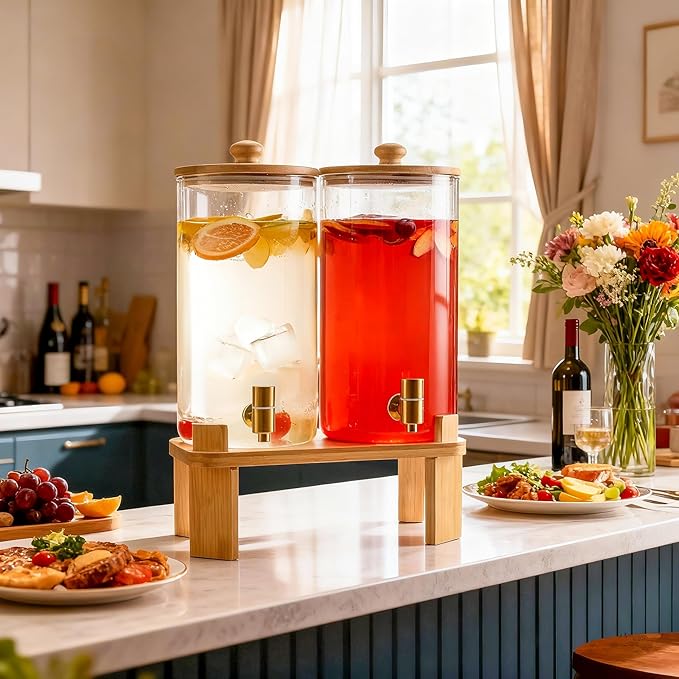 1.5 Gallon 2 Pack Glass Drink dispenser for parties,Beverage Dispenser With Wood Stand,Water Dispensers with spigot,lemonade dispenser,juice containers & water pitcher with lid