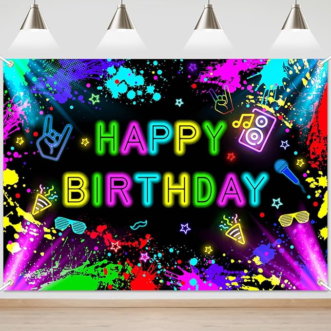 Neon Birthday Backdrop 7x5 ft Glow in The Dark Banner Neon Birthday Party Decorations Glow Photography Background Photo Booth Props