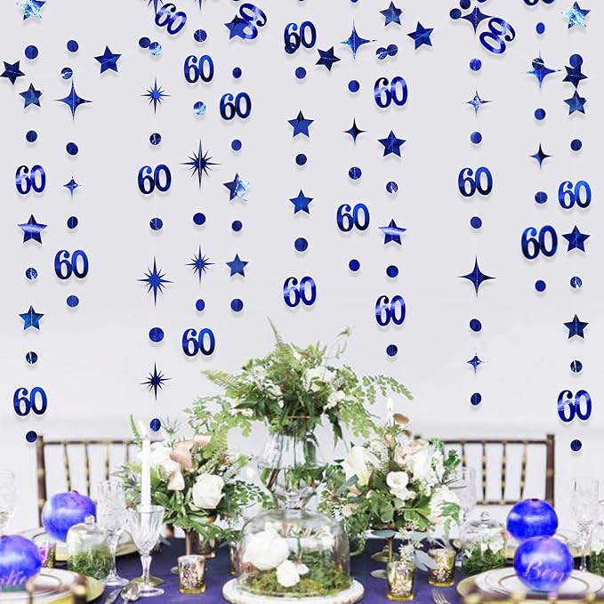 Navy Blue 60th Birthday Decorations Number 60 Circle Dot Twinkle Star Garland Metallic Hanging Streamer Bunting Banner Backdrop for 60 Year Old Happy Birthday 60th Anniversary Sixty Party Supplies