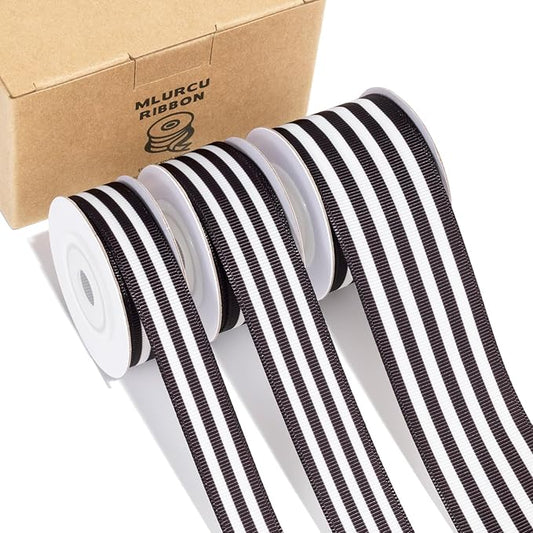 Black and White Striped Ribbon 3 Rolls Grosgrain Ribbon 5/8", 7/8", 1.5", Stripe Fabric Ribbon for Crafts, Gift Wrapping, Wreaths, Bow Making, DIY Banners, Party and Holiday Decor