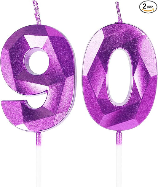 Number 90 Candles,90th Birthday Candles,Purple Happy Birthday Candle for Cake,3D Design Cake Topper Decorations for Women Men Birthday Party Wedding Anniversary Celebration Supplies
