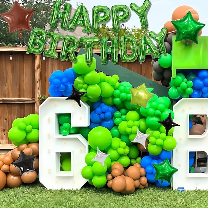 Pixel Happy Birthday Balloon Banner, 16 Inch Pixel Green Foil Letter Balloons with 9 Pcs Star Foil Balloons, 8-Bit Gaming Party Decorations for Boys Girls Themed Birthday, Retro Arcade Party Supplies