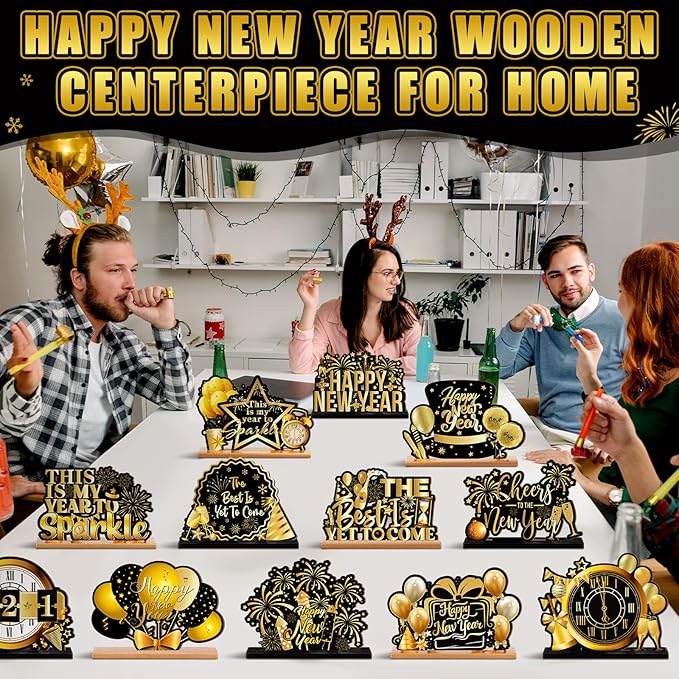 Marsui 12 Pcs Happy New Year Wooden Table Decorations 2026 New Year Table Centerpiece Tiered Tray Home Decor Signs Party Decorations for Party Supplies