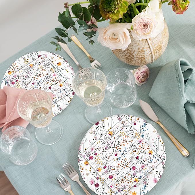 Whaline 100pcs Floral Party Supplies Kit Serves 50 Wildflower Paper Plates and Napkins Flower Disposable Tableware Decorative Dinnerware Set for Spring Picnic Wedding Birthday Baby Shower Party