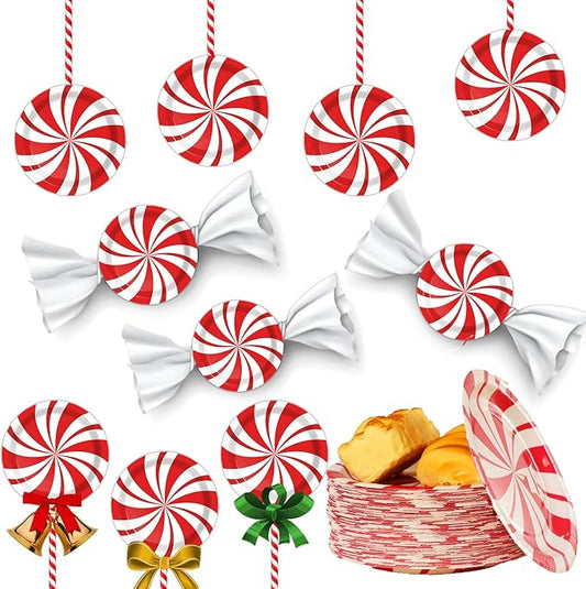 Wiooffen 48 Pcs Christmas Peppermint Candy Paper Plates Candy Mint Happy New Year Party Supplies 7" Bundle Christmas Holiday Festive Plate