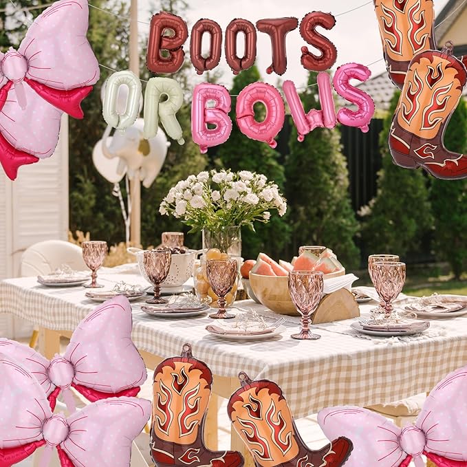 19Pcs Boots or Bows Gender Reveal Decorations Aluminum Foil Balloons Kit Cowgirl or Cowboy Western Boot Balloon Pink Bow Balloon Birthday Western Themed Party Baby Shower Gender Reveal Party Supplies