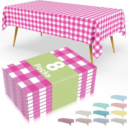 Smiry 8 Packs Gingham Disposable Table Cloth, 54 x 108 Inch Waterproof Plastic Tablecloth, Rectangle Hot Pink and White Checkered Table Covers for Party, Birthday, Picnic, Banquet