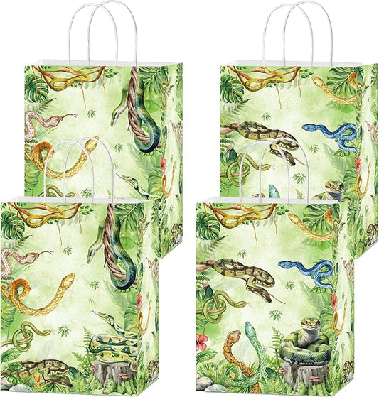MOIZYNG 16 Pcs Snake Gift Bags, Snake Paper Candy Treat Goodie Bags with Handles, Reptile Birthday Party Decorations for Kids Boys Girls Jungle Swamp Camping Wilderness Animals Party Favors
