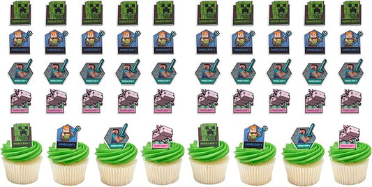 DecoPac Minecraft Lush Finds Rings, Cupcake Decorations Featuring Creeper, Alex, Steve and Axolotl! Multicolored 3D Food Safe Cake Toppers – 24 Count (Pack of 2)