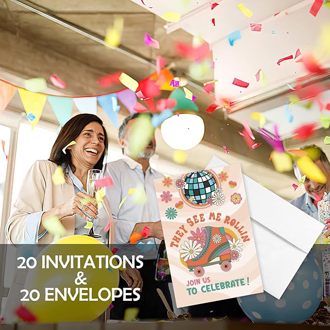 20 Sets Roller Skating Birthday Party Invitations With Envelopes,Retro 70s 80s Daisy Roller Skate Double-sided Printed Birthday Party Invitation Invite Cards for Kids Teen,Girl Birthday Party Invites