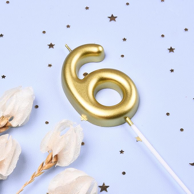 2.76 Inch Classical Gold 6 Number Birthday Candles, Gold and Cake Number Candles for Party Celebration