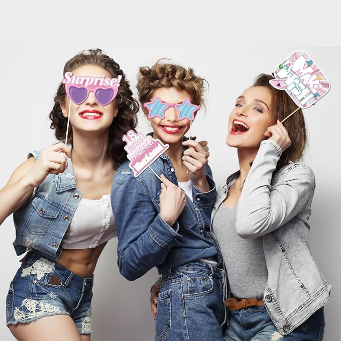 20 Pcs Girl 18th Birthday Photo Booth Props Kit, Pink Eighteen Birthday Party Selfie Decorations, Girl's 18th Bday Party Photography Supplies