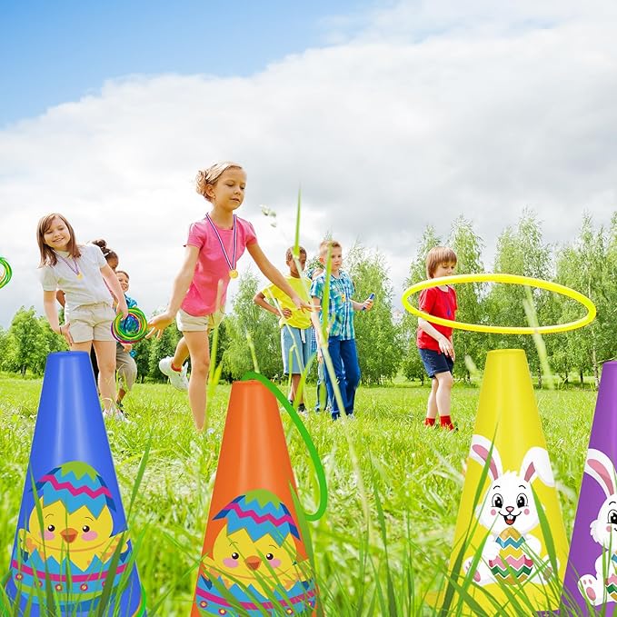 Cinrobiye 62 Pcs Easter Outdoor Games Set, Lawn Field Day Party Games with Potato Sack Race, Egg and Spoon, Three Legged Race, Ring Toss, Bean Bags for Easter Spring Carnival Yard Activities