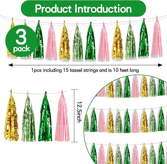 BEISHIDA 3 Packs Green Gold Pink Metallic Foil Fringe Tassel Garland Banner Streamers for Birthday Wedding St. Patrick's Day Bridal/Baby Shower Engagement Bachelorette Mother's Day Party Decoration