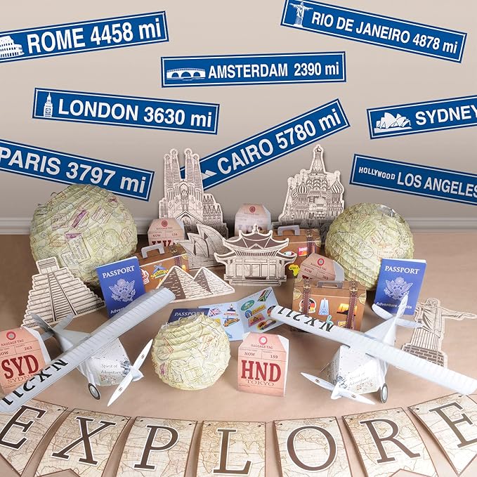 Beistle Pack of 4 Travel Street Sign Cutouts in Blue/White, International Themed Party Wall Hanging Decorations, History, Georgraphy Classroom Decor