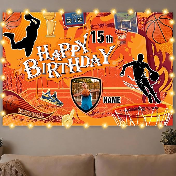 Custom Basketball Birthday Decorations,Personalization Basketball Party Decorations Banner for Birthday Party,Sports Theme Happy Birthday Banner Background