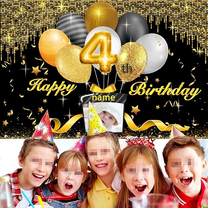 Dicodes Custom Black and Gold Theme Birthday Banner for Party Happy Birthday Backdrop Decoration Personalized with Name and Photo