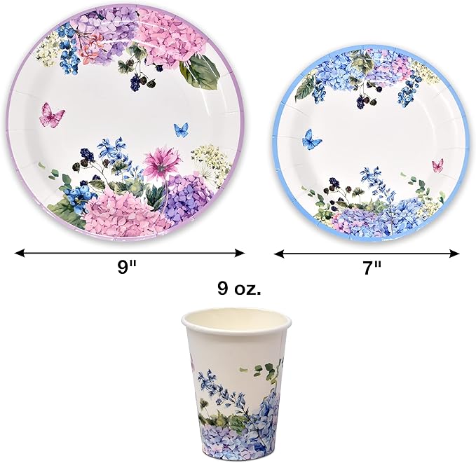 Gift Boutique Floral Hydrangea Party Supplies 7" Paper Plates Cups & Napkins Spring Flowers Baby Shower Bridal Tea & Birthday Disposable Set
