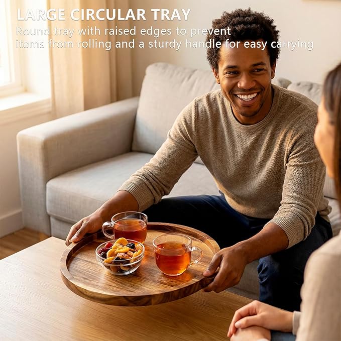 13" Round Acacia Wood Tray with 2 Built-in Handles | Versatile Serving Board for Coffee Table, Parties & Daily Dining | Large Charcuterie & Cheese Platter, Decorative Gift Tray
