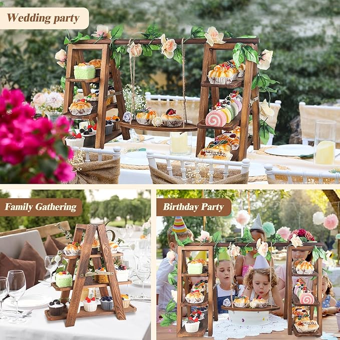 Wisreach Wooden 3 Tier Cupcake Stand with Swing and Flower Decoration Serving Removable Tray Display Serving Ladder Foldable Stand with Serving Platter Tray Party Food Display Set for Cake Snack Fruit Chips Bread Centerpieces Catering