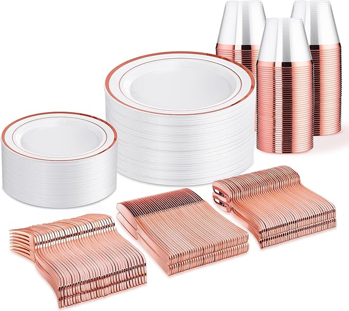 WELLIFE 300 PCS Rose Gold Dinnerware Set for 50 Guests, Valentine's Day Plate, 50 Dinner & Salad Plates,Cups, Forks Knives Spoons for Wedding Reception and Mothers Day Plates