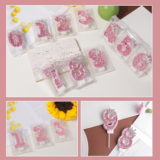 Birthday Number Candles,Pink Crown Birthday Candles for Cake,Glitter Number 9 Candle Cake Topper with Sequins for Girls,Women, Anniversary Celebrations Supplies (Pink 9)