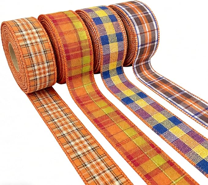 Meseey 1.5 Inch Fall Plaid Wired Ribbon Set, 4 Rolls Total 40 Yards Assorted Orange Plaid Wired Edge Ribbon for Wreaths, Bows, Gift Wrapping, Thanksgiving & Halloween Decor (FPRS001)