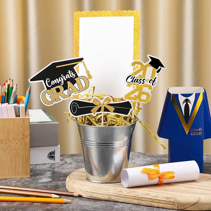 Foilswirl 6 Set 2026 Graduation Table Centerpieces Photo Table Toppers with Small Galvanized Buckets and Shredded Paper Filler for Class of 2026 Graduation Party Decoration(Yellow)