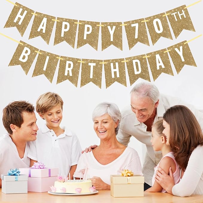 Netnology Pre-Strung Gold Happy 70th Birthday Banner Decorations,12 ft No DIY Gold Glitter 70th Birthday Party Banner Sign Decor for Women Men Girl Boy Party Supplies