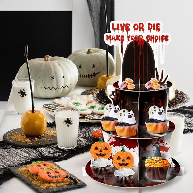 Haooryx Halloween Bloody Cupcake Stand - 3 Tier Scary Bloody Cupcake Tower Cardboard Ghost Palm Print Dessert Holder Pastry Platter for Halloween Theme Party Table Decoration Birthday Party Supplies