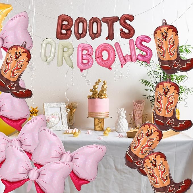 19Pcs Boots or Bows Gender Reveal Decorations Aluminum Foil Balloons Kit Cowgirl or Cowboy Western Boot Balloon Pink Bow Balloon Birthday Western Themed Party Baby Shower Gender Reveal Party Supplies