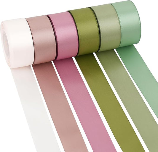 6 Rolls Sage Green and Dusty Rose Ribbon 1 Inch Green Pink Satin Ribbon Blush and Sage Ribbon for Wedding Baby Shower Backdrop Garland Gift Wrapping - 60Yards