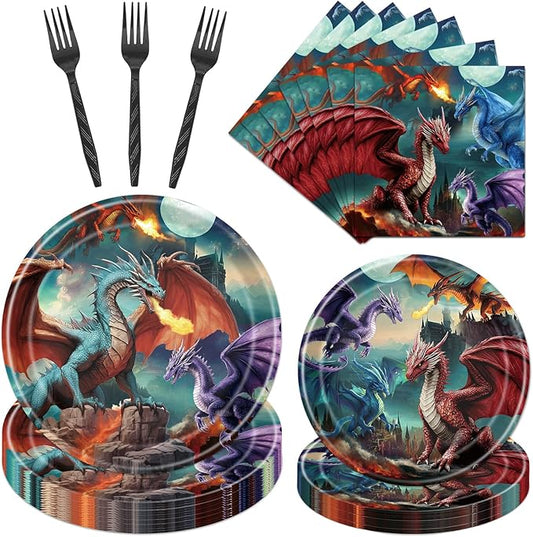 Inisajace Dragon Birthday Party Decorations Tableware, 96PCS Dragon Theme Paper Plates and Napkins Bday Decoration, Magical Forks Decor Supplies for Baby Shower Supplies Serve 24