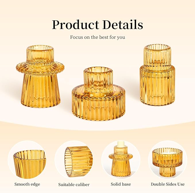 Taper Votive Candle Holder for Pillar Candles Tealight, Candlestick Holder for Wedding Christmas Tea Party, Boho Ribbed Vintage Crystal Glass Table Centerpiece Decor, Bulk Set of 6 (Amber)